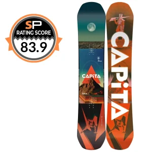 Pair of Capita skis with orange-red geometric artwork, standing upright; SP Rating Score badge shows 83.9 beside them.
