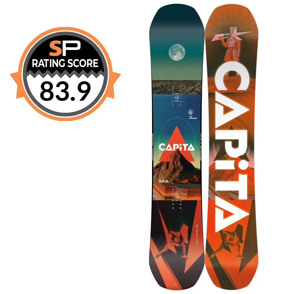 Capita DOA Snowboard Review 2026-2027 | Snowboarding Profiles Pair of Capita skis with orange-red geometric artwork, standing upright; SP Rating Score badge shows 83.9 beside them.