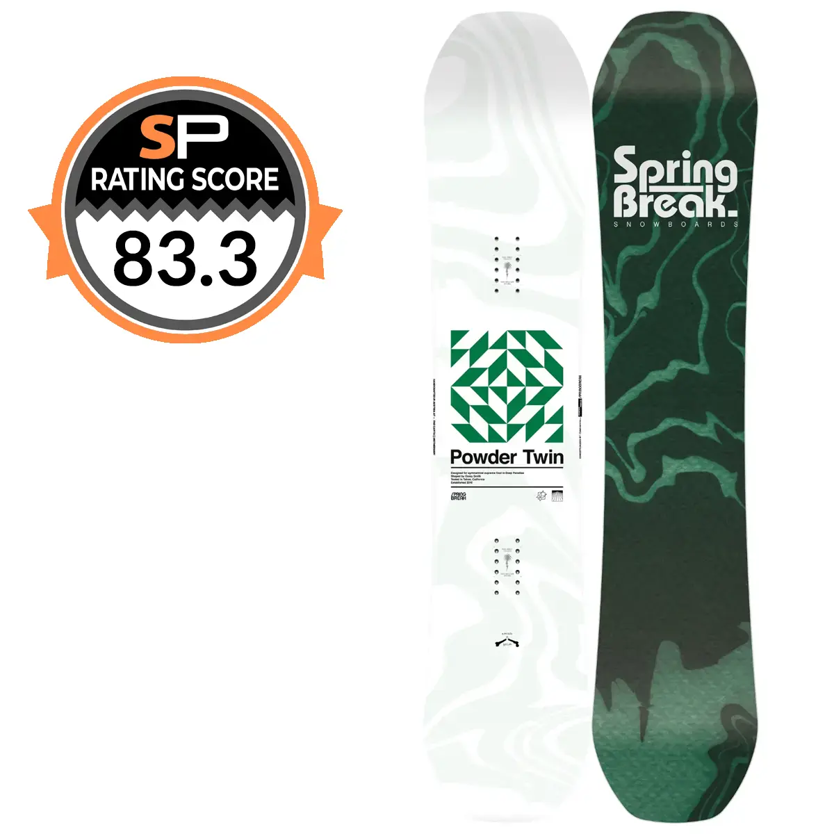 Capita Spring Break Powder Twin Snowboard Review 2026-2027 | Snowboarding Profiles Pair of snowboards: Powder Twin white with green geometric design and a dark green Spring Break snowboard; SP Rating 83.3 badge.