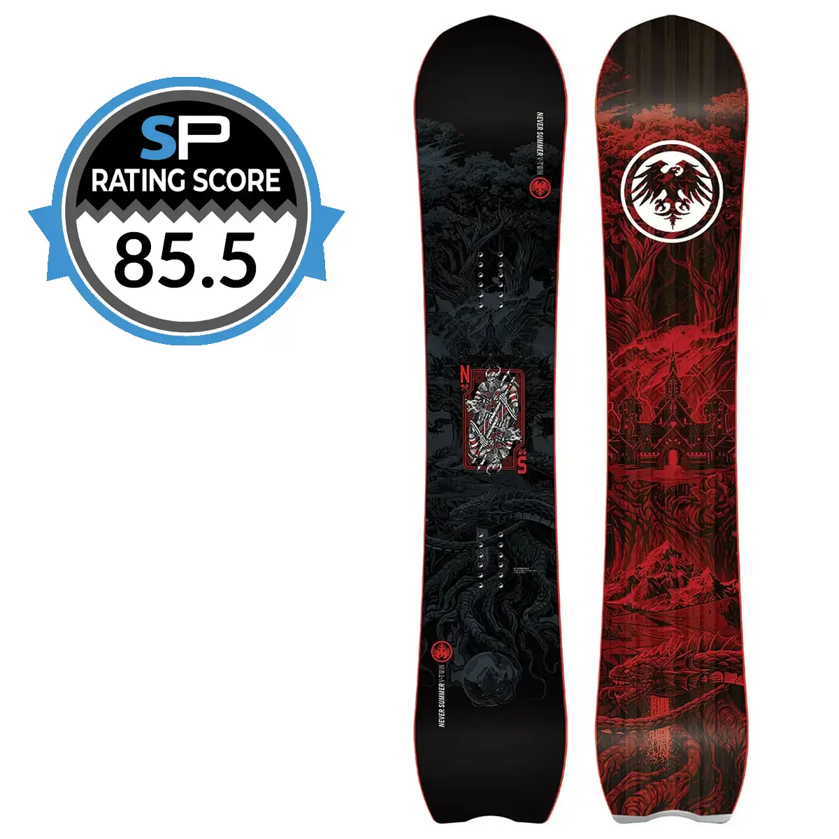 Never Summer V-Twin 2027 Snowboard Review | Snowboarding Profiles Two gothic-themed snowboards side by side: a black one with skeletal imagery on the left and a red-tinged one with a castle/dragon motif on the right, and an SP rating badge reading 85.5 on the left.