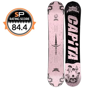 Two snowboards with pink and black artwork: left board shows a dagger and skull motif, right board features bold pink text and a skull-mushroom design at the bottom, both with a dark, edgy theme.