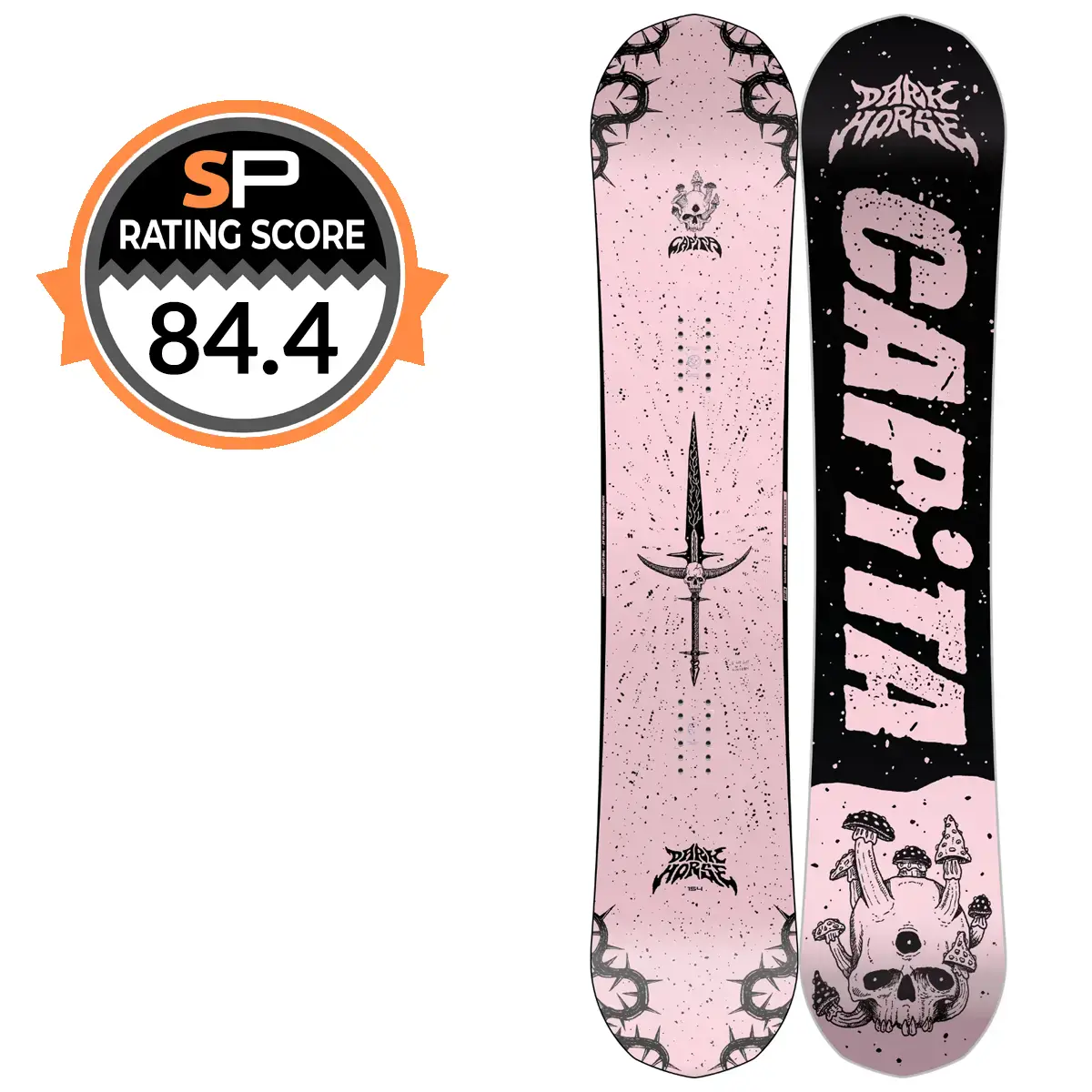 Capita Dark Horse Snowboard Review 2026-2027 | Snowboarding Profiles Two snowboards with pink and black artwork: left board shows a dagger and skull motif, right board features bold pink text and a skull-mushroom design at the bottom, both with a dark, edgy theme.