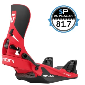 Red Union Atlas Step On snowboard binding with a black-and-red highback and black straps, showing the Snowboarding Profiles Rating score of 81.7 next to the image of the binding