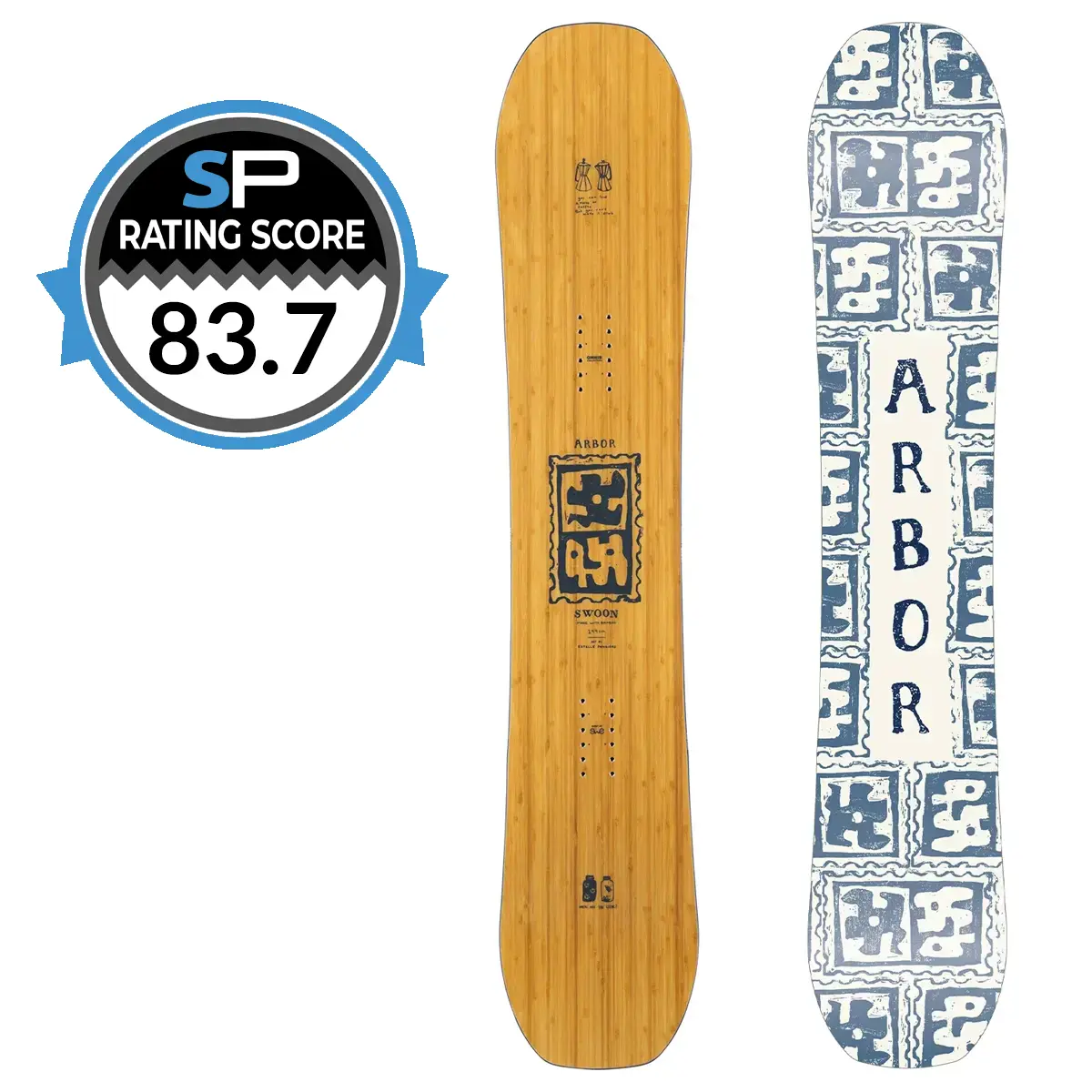 Arbor Swoon Snowboard Review 2026-2027 | Snowboarding Profiles Pair of Arbor snowboards: bamboo-finish model on the left and a blue patterned board on the right; SP Rating Score 83.7 badge visible.