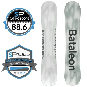 Pair of Bataleon snowboards with two SP award badges: a rating score of 88.6 and a 'Top Rated All-Mountain Snowboard 2026–2027' badge