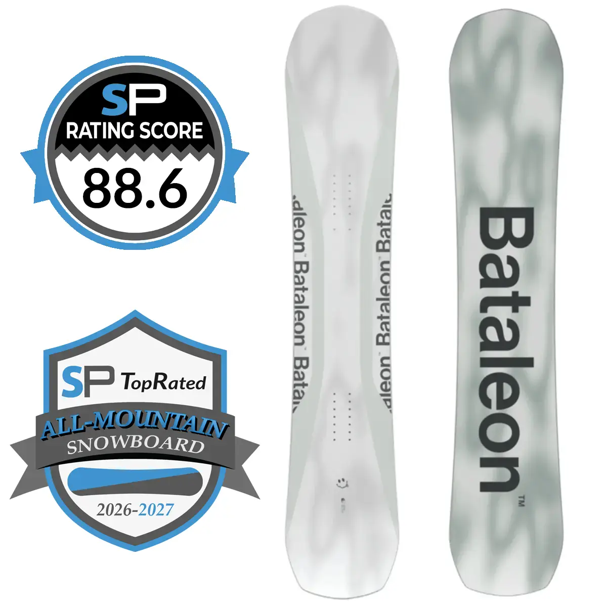 Pair of Bataleon snowboards with two SP award badges: a rating score of 88.6 and a 'Top Rated All-Mountain Snowboard 2026–2027' badge