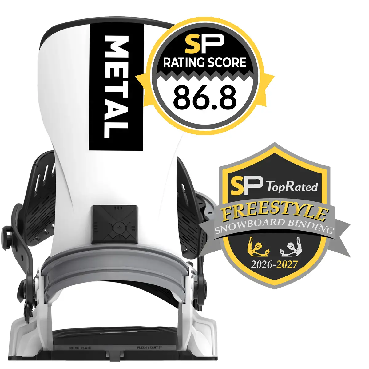 Bent Metal T-Zero 2026-2027 Bindings Review | Snowboarding Profiles White snowboard binding with SP rating badge showing 86.8 and a TopRated Freestyle 2026–2027 seal, indicating a high-rated product.