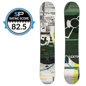 Two snowboards with graphic collage designs; a blue SP rating badge showing 82.5 overlaps the left side.