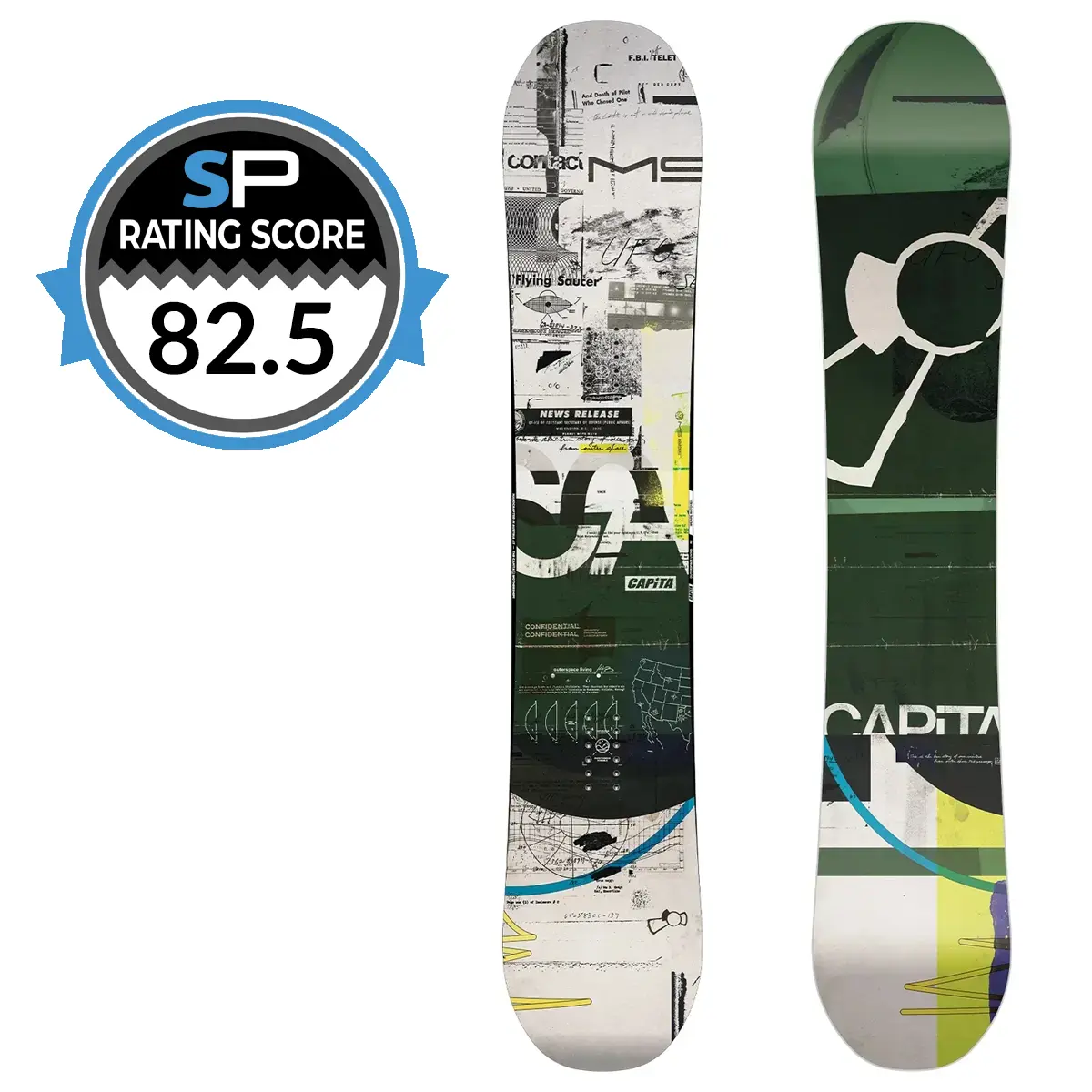 Capita Outerspace Living Snowboard Review 2026-2027 | Snowboarding Profiles Two snowboards with graphic collage designs; a blue SP rating badge showing 82.5 overlaps the left side.