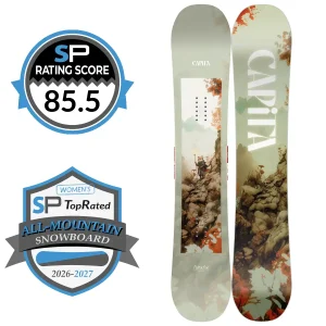 Pair of Capita Paradise women’s all-mountain snowboards with nature-themed artwork and two rating badges: SP score 85.5 and 2026–2027 All-Mountain Snowboard TopRated badge