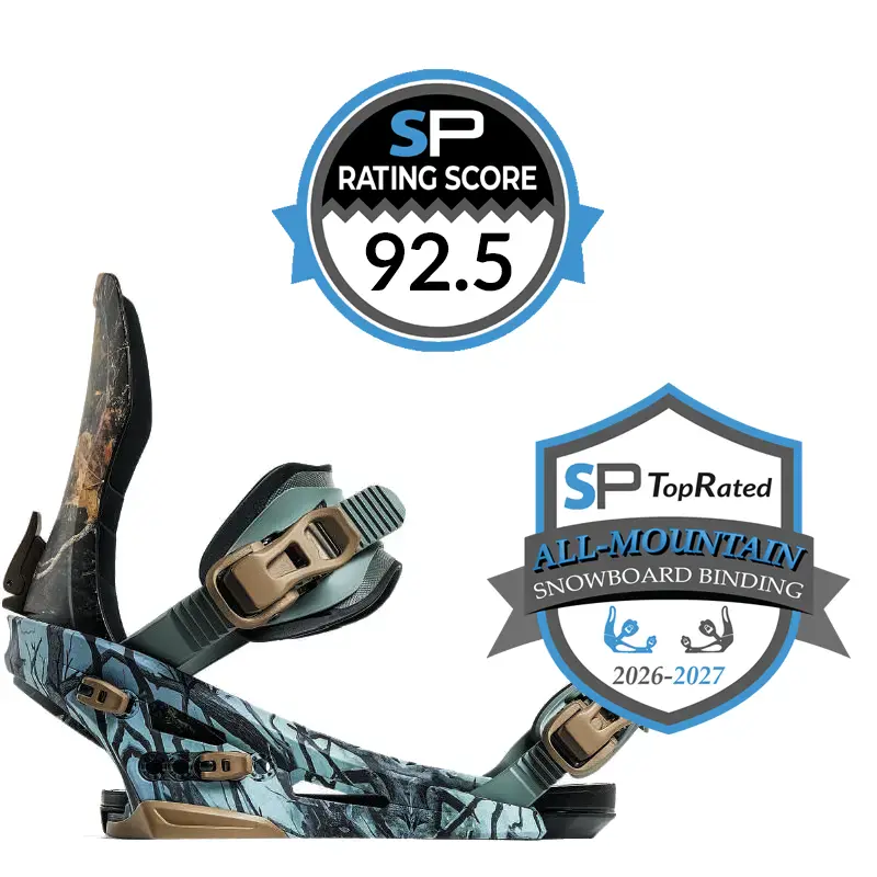 Flux XF Plus 2026-2027 Snowboard Bindings Review | Snowboarding Profiles Snowboard binding with blue-gray camouflage pattern, plus SP Rating Score badge reading 92.5 and All-Mountain Snowboard Binding emblem indicating top-rated gear.