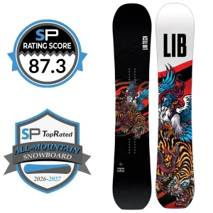 Collage of two Lib Tech snowboards with dragon and tiger artwork, plus an 87.3 SP rating badge and a TopRated All-Mountain Snowboard 2026–2027 badge.
