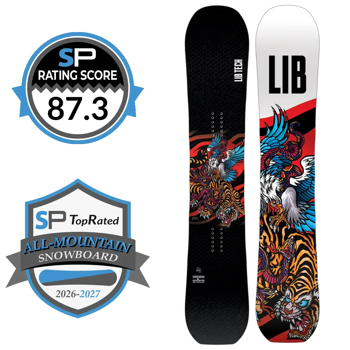 Lib Tech Terrain Wrecker Snowboard Review 2026-2027 | Snowboarding Profiles Collage of two Lib Tech snowboards with dragon and tiger artwork, plus an 87.3 SP rating badge and a TopRated All-Mountain Snowboard 2026–2027 badge.