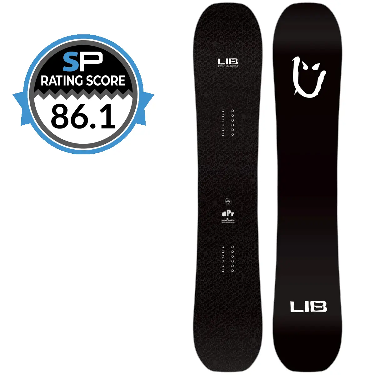 Lib Tech dPr Snowboard Review 2026-2027 | Snowboarding Profiles Two LIB snowboards standing upright: left board textured black with LIB logo, right board solid black with white logo; SP Rating badge shows 86.1.