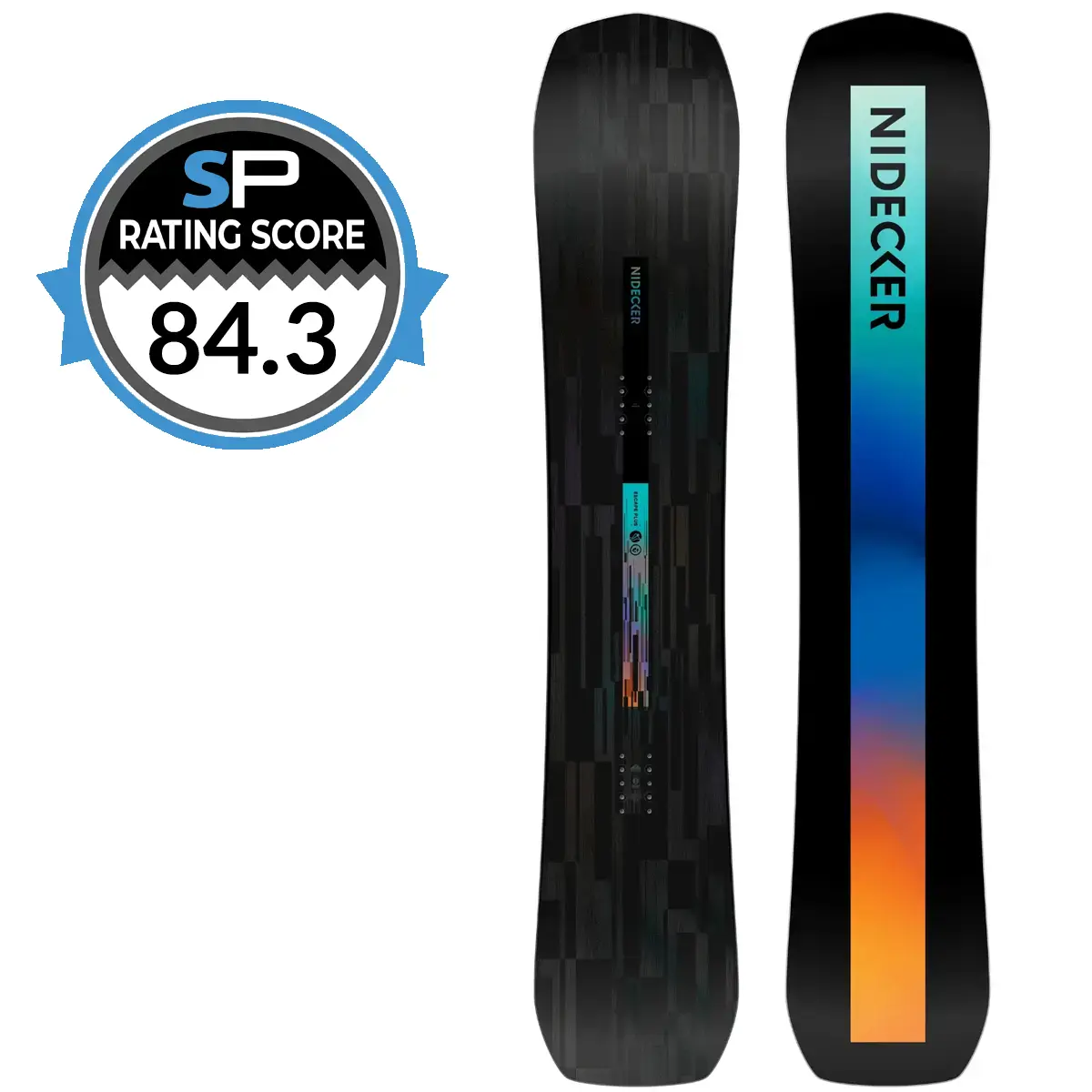 Nidecker Escape Snowboard Review 2026-2027 | Snowboarding Profiles Two snowboards shown side by side: the left has a dark geometric pattern with a blue SP Rating Score badge reading 84.3, the right is black with a cyan-to-orange vertical gradient stripe and NIDECKER branding.