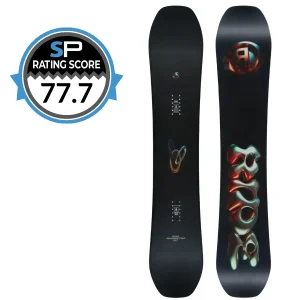 Two black snowboards with abstract colorful graphics, shown side by side, next to a blue SP Rating Score badge reading 77.7
