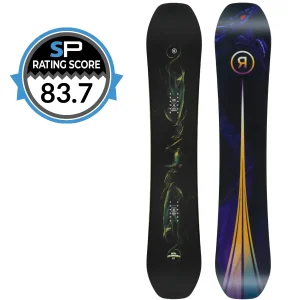 Two snowboards standing upright: left board has a dark black graphic with green and yellow artwork; right board features a dark design with golden-orange curved lines and a circular logo near the top. A blue-rimmed rating badge showing 83.7 overlaps the left side of the image.