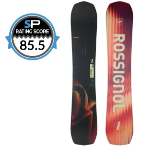 Two snowboards standing upright: a black patterned board and a red‑orange Rossi gnol board, with an SP Rating Score badge showing 85.5 on the left.