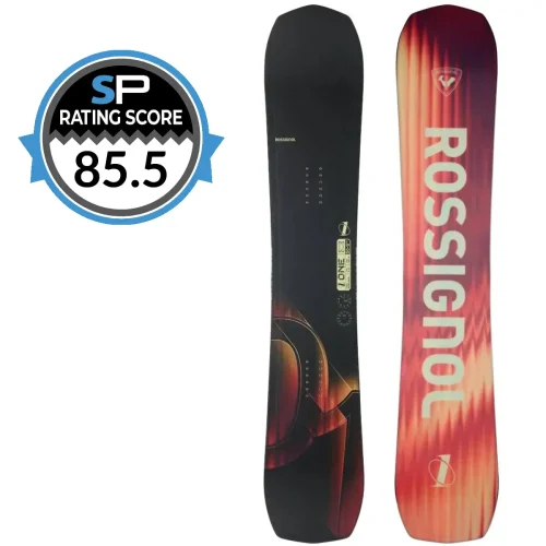 Rossignol One Snowboard Review 2026-2027 | Snowboarding Profiles Two snowboards standing upright: a black patterned board and a red‑orange Rossi gnol board, with an SP Rating Score badge showing 85.5 on the left.