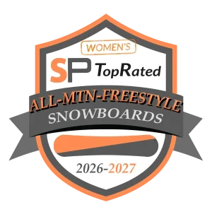 Award badge reading 'WOMEN'S SP TopRated All-Mtn-Freestyle Snowboards' with 2026-2027 below, in orange, gray, and white.