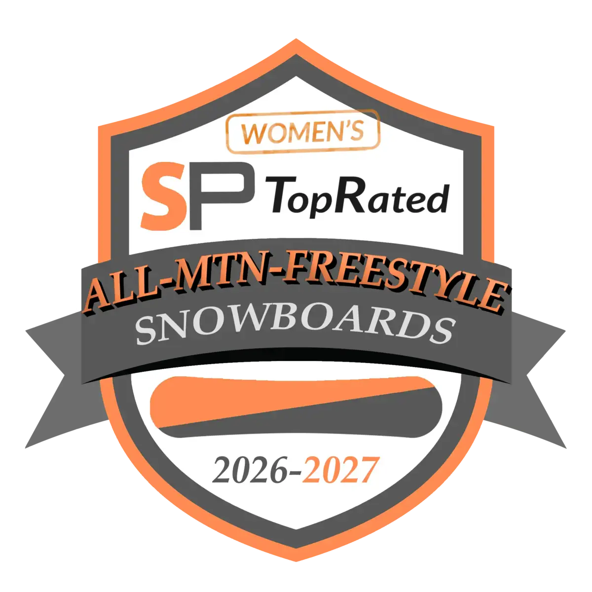 SP TopRated Womens All-Mountain Freestyle Snowboards 2026-2027 | Snowboarding Profiles Award badge reading 'WOMEN'S SP TopRated All-Mtn-Freestyle Snowboards' with 2026-2027 below, in orange, gray, and white.