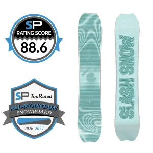 Two teal snowboard bodies with subtle swirl patterns flanked by award badges: a SP Rating Score 88.6 badge and an All-Mountain Snowboard 2026–2027 badge, indicating top-rated gear.