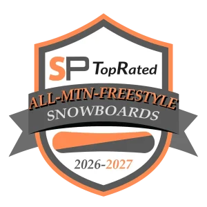 Badge indicating TopRated All-Mountain Freestyle Snowboards 2026–2027, with orange/gray shield and snowboard graphic.