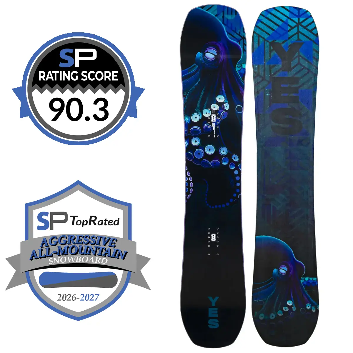 YES Standard Pro Snowboard Review 2026-2027 | Snowboarding Profiles YES-branded aggressive all-mountain snowboard with blue octopus artwork; includes SP Rating Score 90.3 badge and SP TopRated 2026–2027 badge.